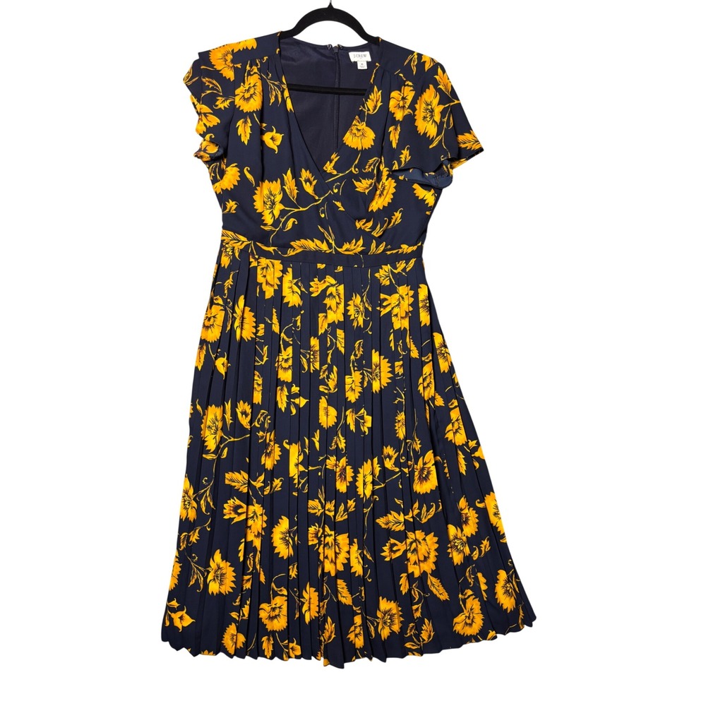 J. Crew Womens Midi Dress 6 Navy Yellow Floral Pleated AD450 Preppy Cottagecore